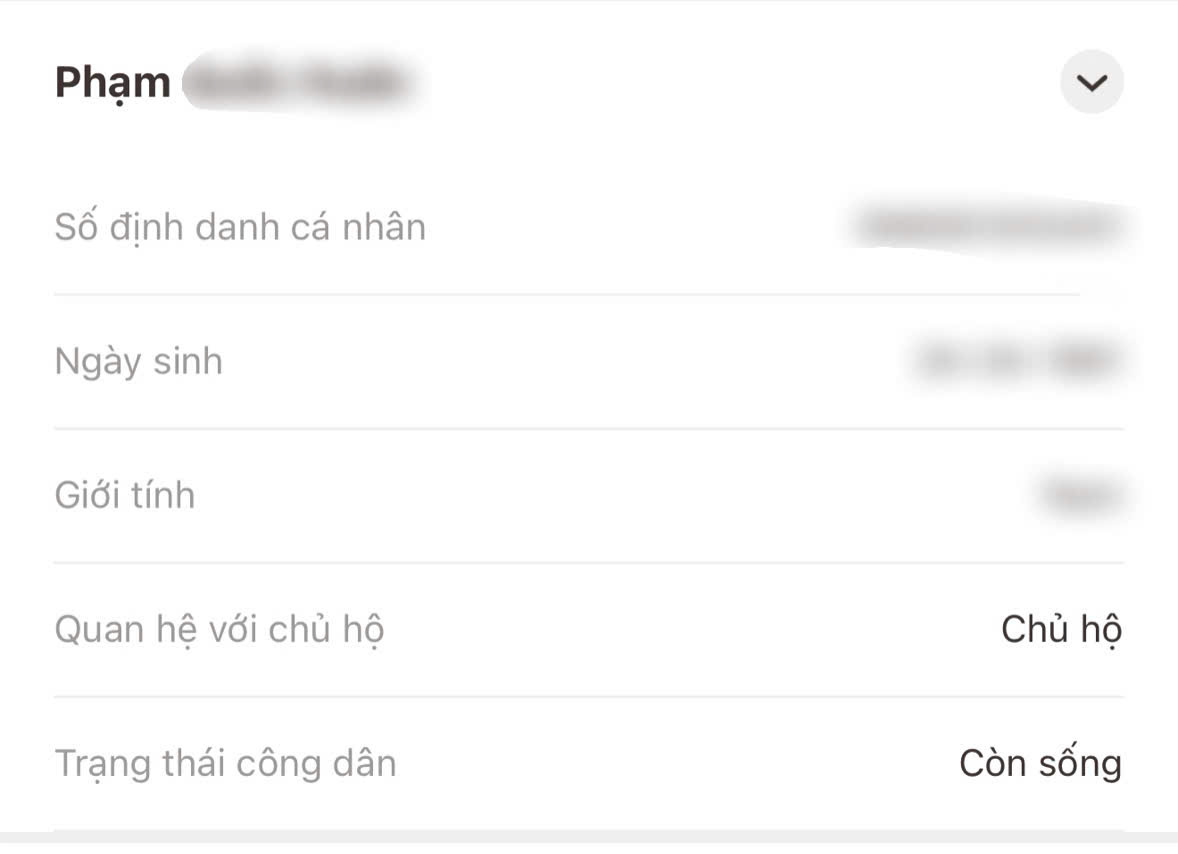 Mẫu thông tin chủ hộ từ VneID